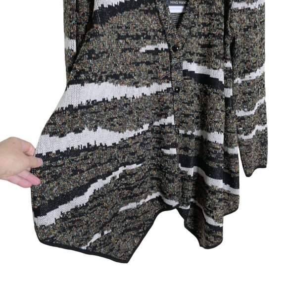 NWT MING WANG XL Black Multicolor Abstract Knit Snap Button Artsy Cardigan - Picture 2 of 10